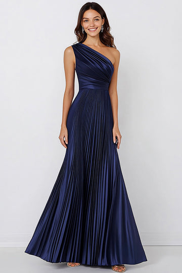 Robe formelle sirène en satin bleu marine à une épaule